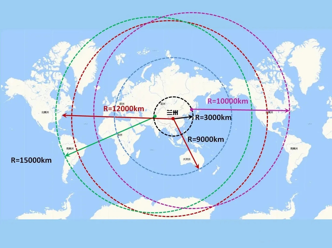 从中国版图地理几何中心向美国投送快递仅需12000公里！

从中国版图地理几何中心甘肃省会兰州向美国东海岸投送快递仅仅只有12000公里，从喀什投送不足10000公里，从东北向西海岸投送不足9000公