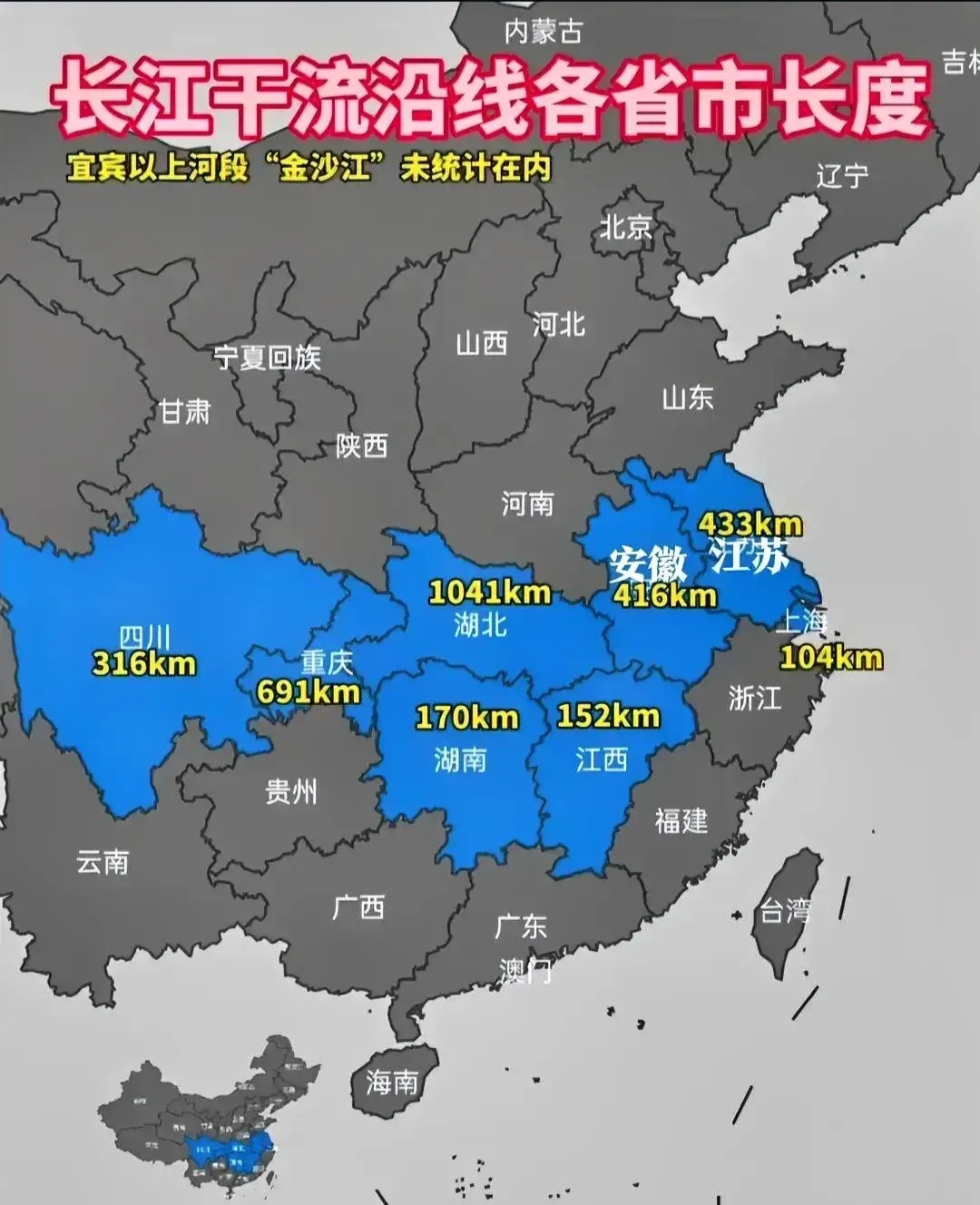 长江流经的省市分布，湖北段长江沿线超过1000公里。

长江流经的省和直辖市中，