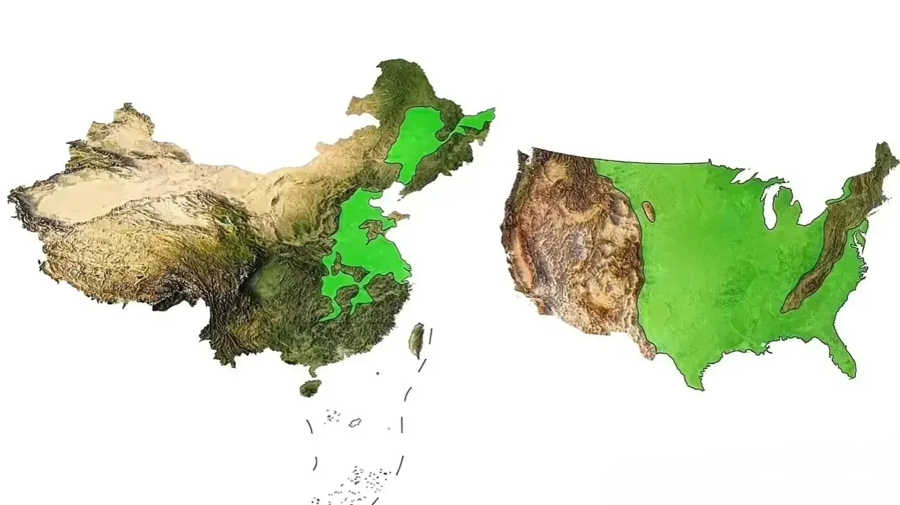 美国地形除了冬天容易刮穿堂风，其他似乎没什么缺点，你看这大平原，你看这海岸线，你看这辽阔的面积，看了真让人眼馋。

不过穿堂风很要命，德州跟广东纬度接近，广东四季如春，德州动不动就暴风雪。