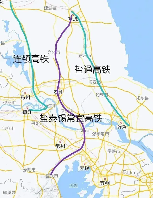 纵贯江苏中部的盐泰锡常宜铁路也明确今年开工。
    
盐泰锡常宜铁路北起盐城，向南经过兴化，行经泰州市及泰兴，于靖江跨越长江后进入苏南，经无锡市江阴、惠山和常州市南部，终至宜兴，设计时速350公里/