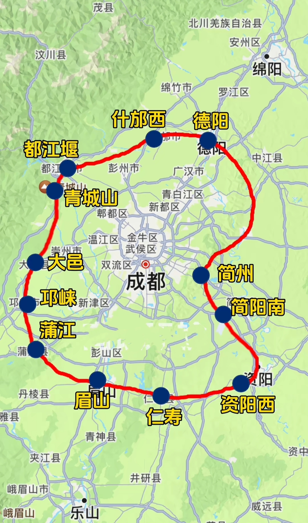 成都不但有五环，现在又规划了外环铁路，成都都市圈环线铁路不但把成都的都江堰、大邑