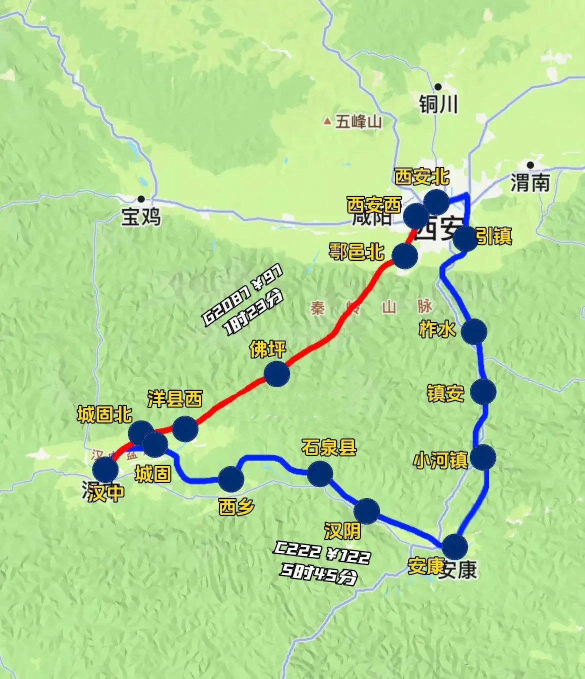 西安到汉中的两条线路，高铁用时短票价更便宜，普铁用时长票价更贵，但是经过的城市更
