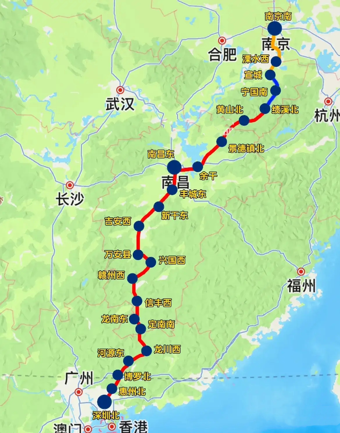 南京到深圳最快的一条高铁，黄色的为规划中，蓝色路段正在修建，红色线路为已通车。<
