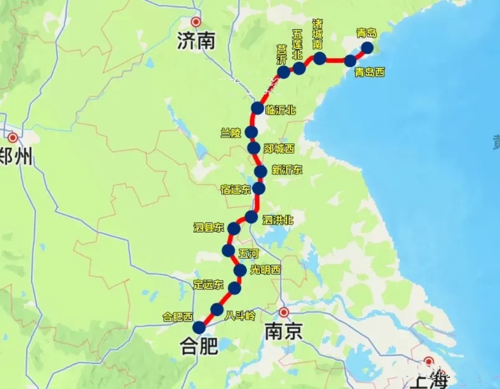 青岛至合肥的又一条高铁，只剩青岛～青岛西、宿迁东～泗县东未开工，其余均开工了！<