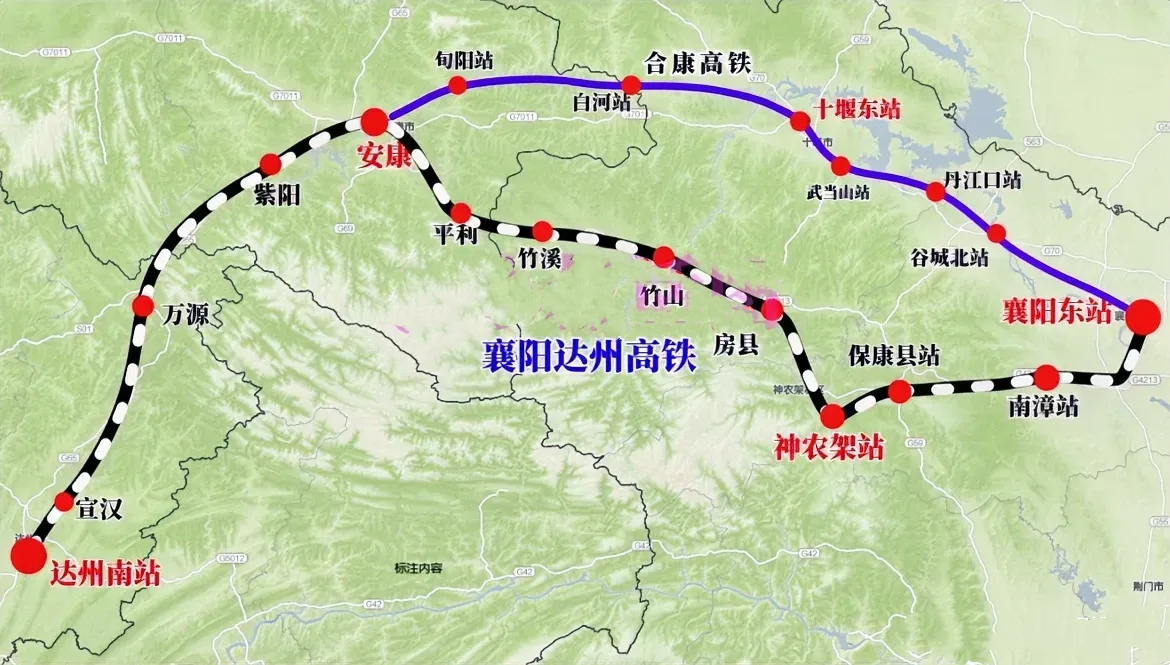 襄阳达州高铁规划图

襄达高铁走向示意图，借用郑万高铁在神农架北上连房县，只需修