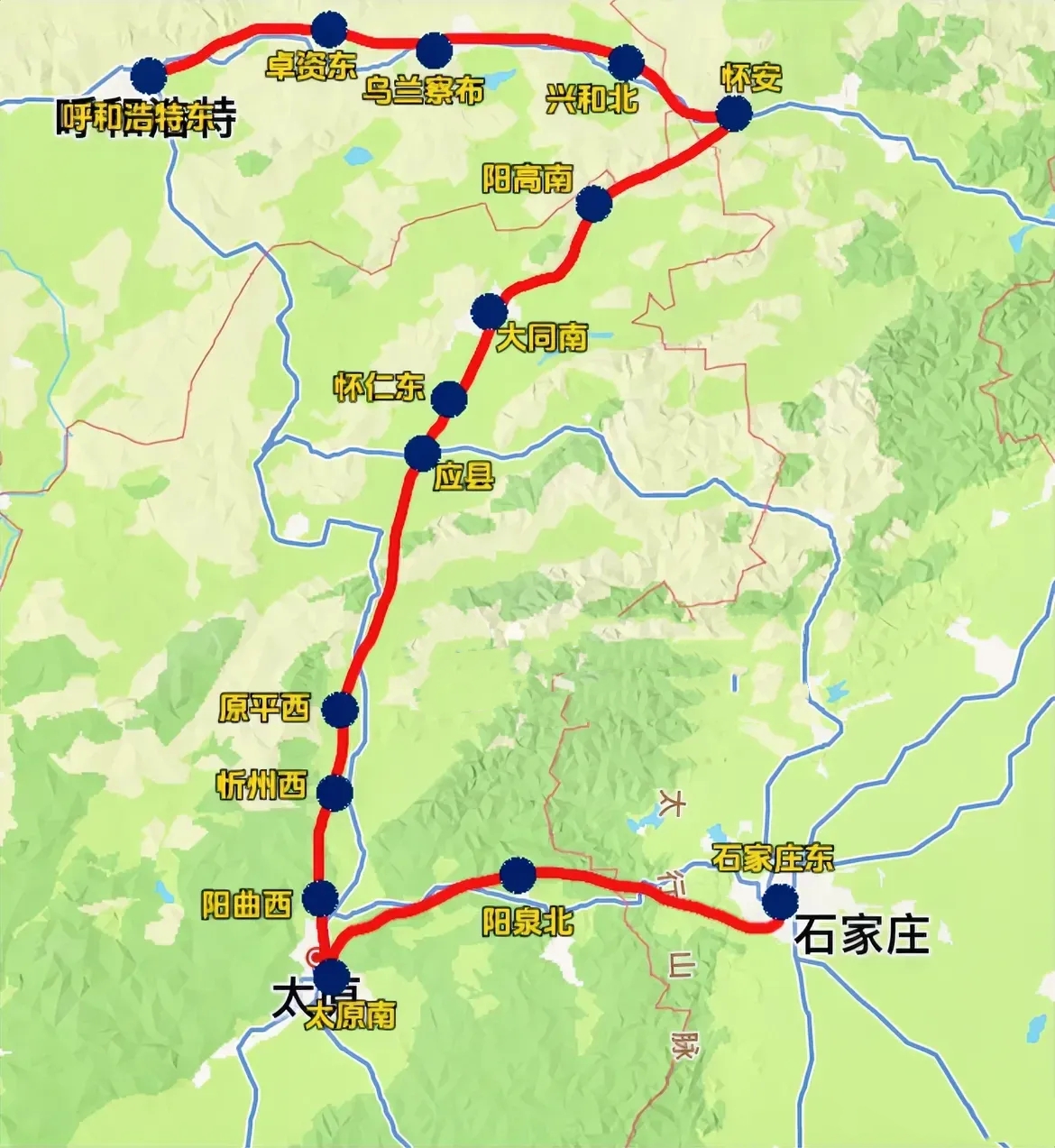 石家庄和呼和浩特两个相邻的省会城市，直达的动车只有两趟而且还是过路车，居然还要走