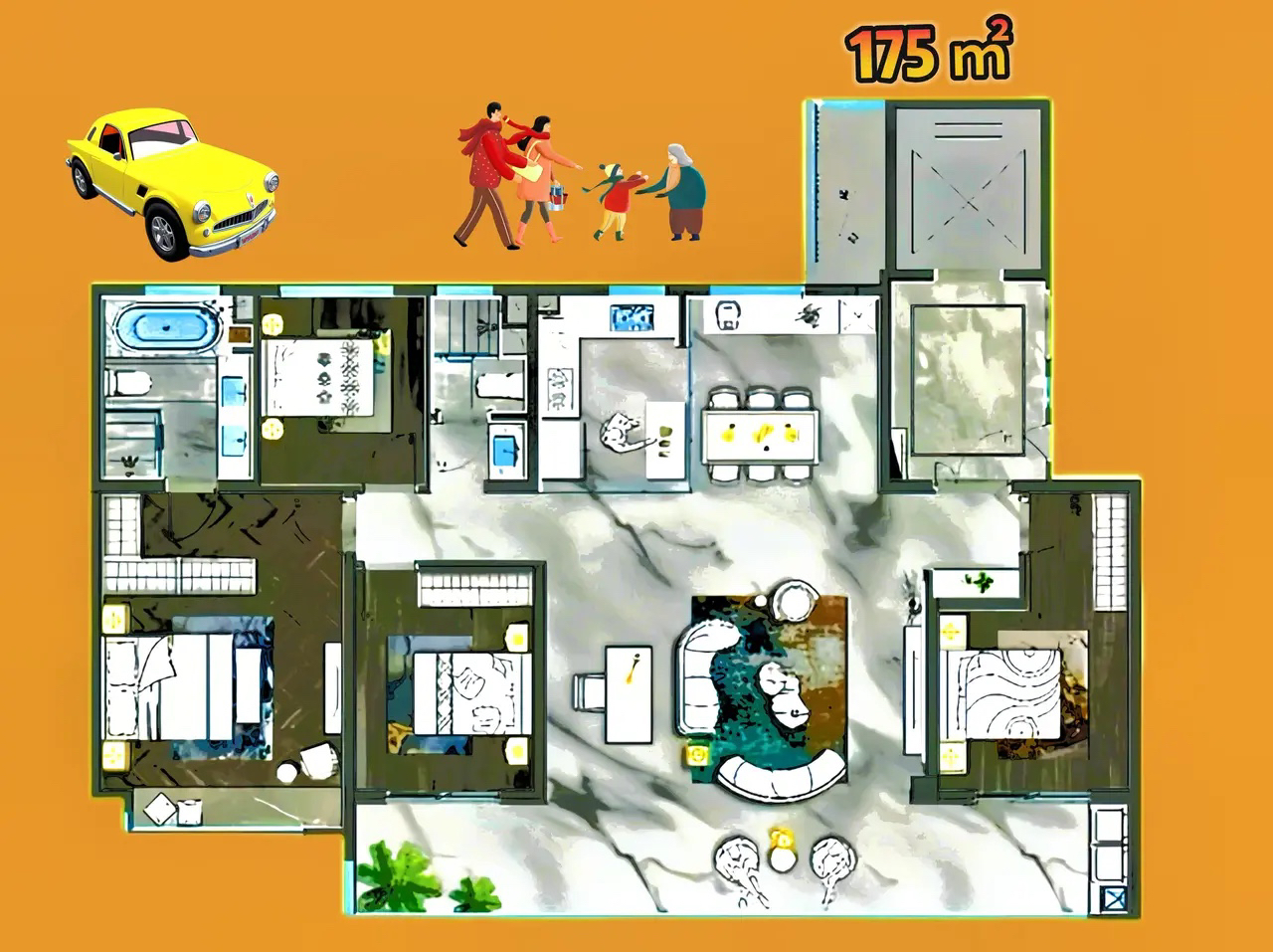 大平层尽头是面积，小平层尽头，用工字型布局，一次性解决所有疑难杂症。虽然175㎡算大平层的远房亲戚，解释大房子气质，横厅看客厅，竖厅看厨房，面子看花园，12米宽幕大窗，像拉开大幕的大戏一样，上演一场精