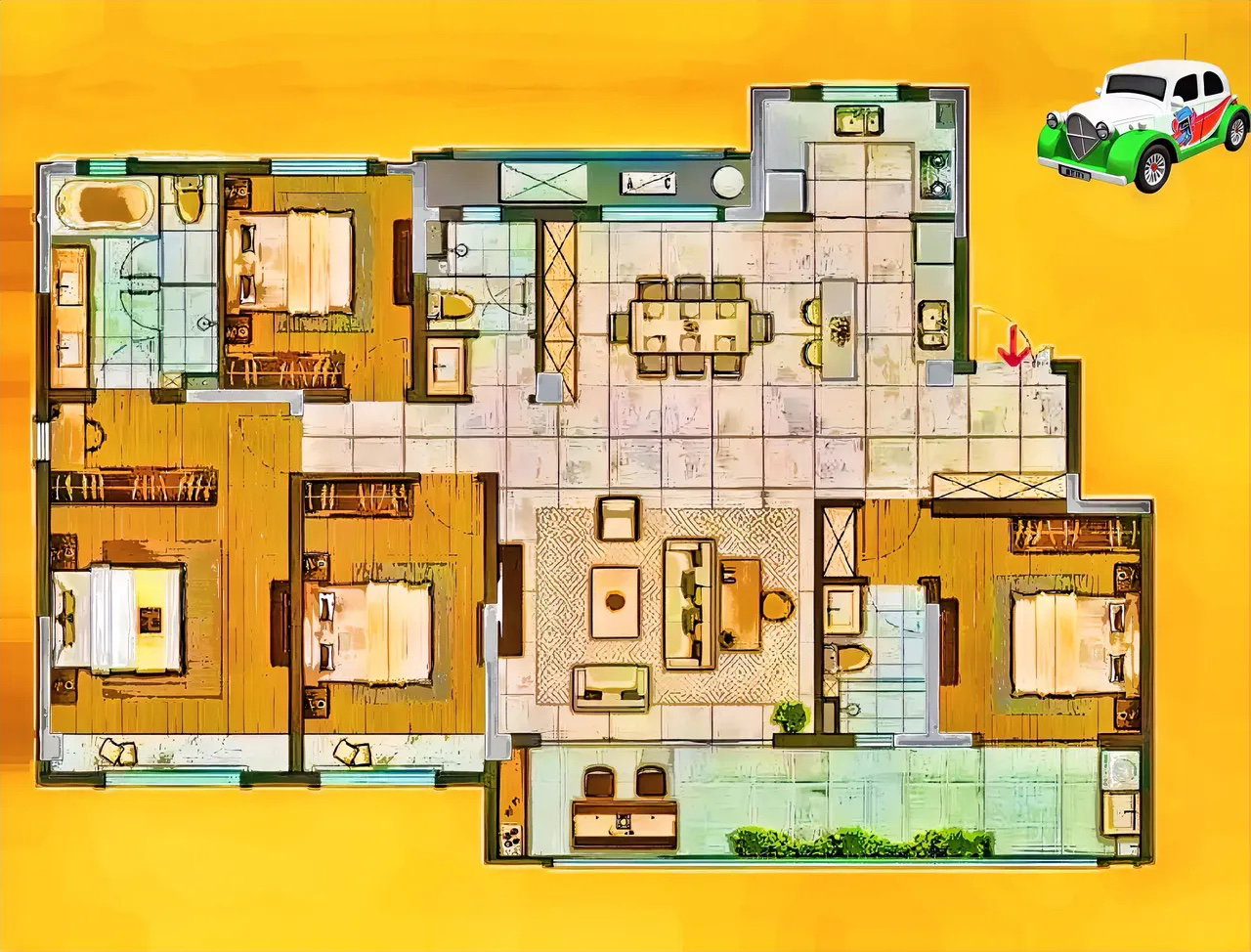 有眼光，让人非常期待，193平超越许多大平层的豪华。一头一尾，两卧室，本来是八竿子打不着的那种，相当有“化学反应”，有当角的潜力！
10平米，四分离厕所是主卧的角！六米阳台，是客房的心头肉，有风有光。