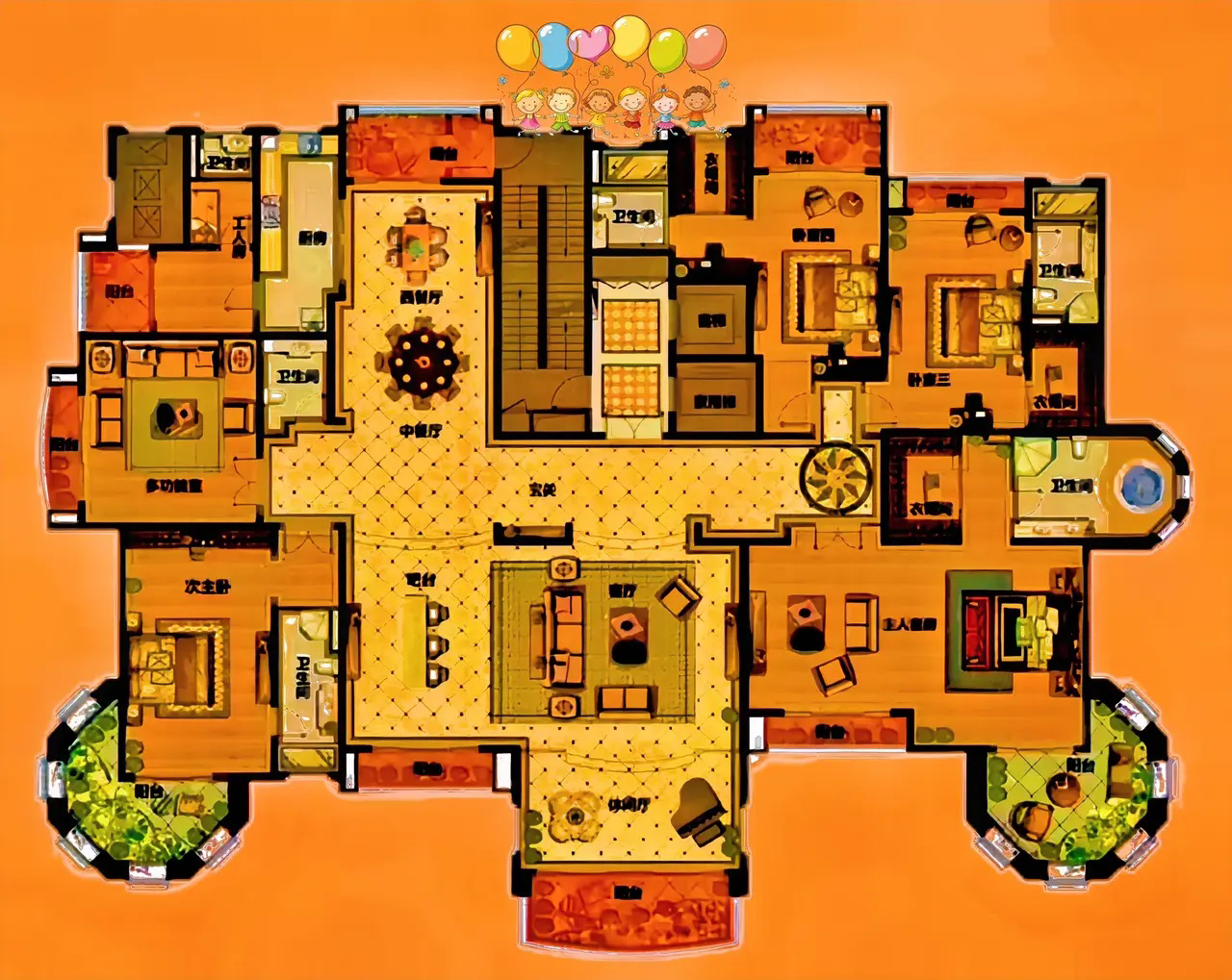 最大的卖点，大！680平米的阔，宽阔的五间房，无限度的三大厅，独霸三梯入户，这样尺度天花板在哪里？

听名字，她就是破破兰兰的大平层。细揣摸，拥有两个欧式八角窗，挑战主卧的极限，很少见大场面，睡觉地方