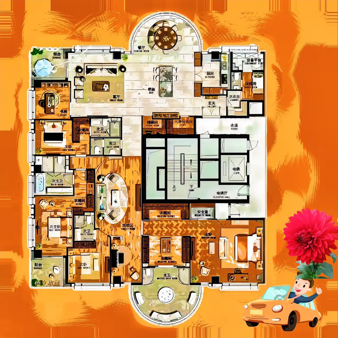 大器之家，将卧室、客厅、餐厅、厨房、卫生间等一体化，整体规画！519m²终于定格了，妥妥的一套温情浪漫大宅，离520平米差一朵金玫瑰花！
北头是华丽丽的，半圆形餐厅。南方是夜景无双，半圆形浴室！这种双