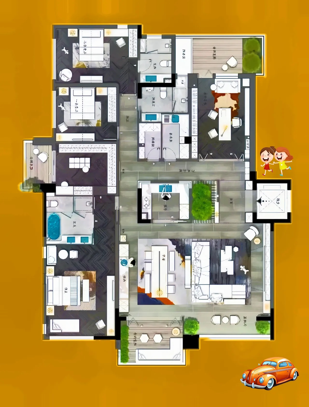 宅中有树，是涂脂抹粉，还是十宅九富？屋中置厨，烧心不？大伙儿说，三百平大平层，要玩耍的大厅，还是喜欢大主卧？
洄游中厨，解决两大问题。
独立玄关，小树成景，兼有寓意多子多福。
厨房不是小白，也沾玄关的