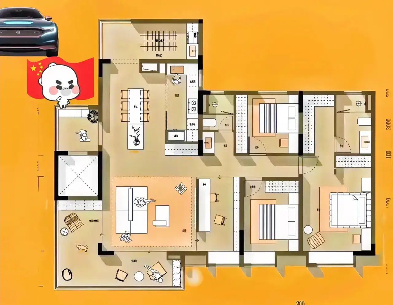 用爱发电，去玄关，打开墙头天窗！笼统一句话，跟个风，去墙化，把80平公区打扮得漂漂亮亮，不给白墙留一丁点点儿痕迹。
参照物，是收纳，是穿插、光线，小房大平层化，格局大，大到容纳三代同堂，不同生活方式！