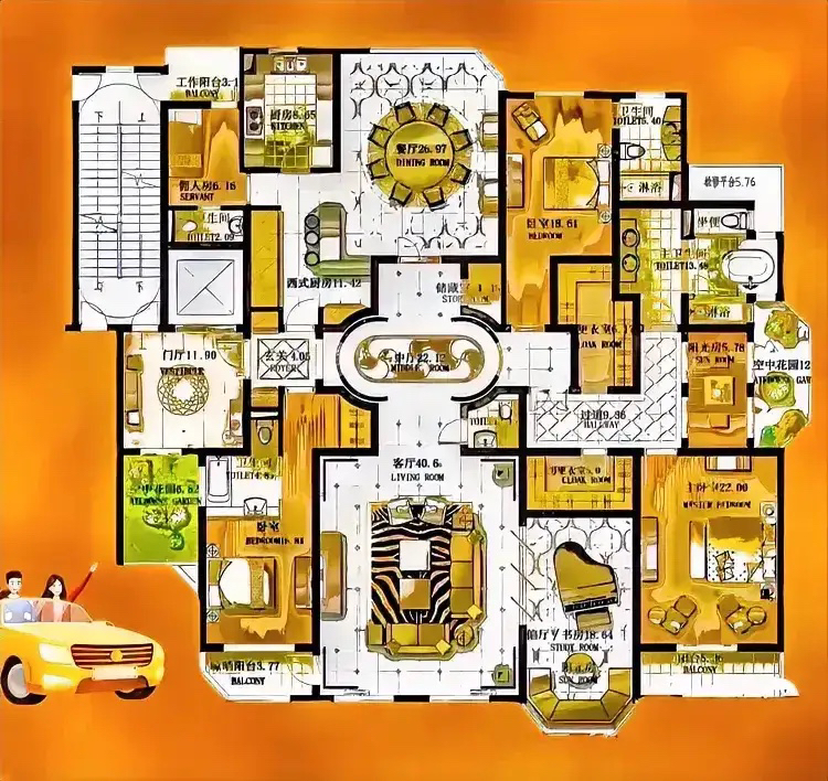 我看最好的作品，两门厅三玄关，这个画面真的绝美，像五百平的迷宫一样，想法很超前，皇宫一样的仪式感，打破大平层圈圈一个传统，厅大不阔，过得像苦行僧一样生活，简单没一丁点的烟火气的生活！
成品的大咖，不计