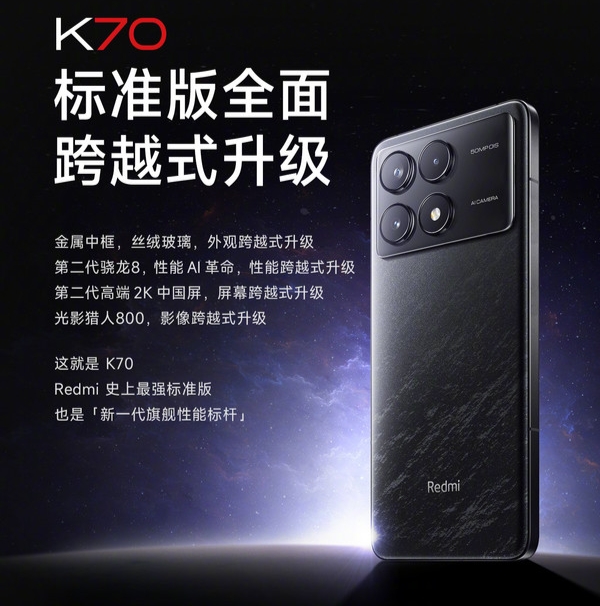 [新品]Redmi K70标准版核心参数被确认。Redmi K70标准版将配备Redmi K Pro同款2K C8极窄直屏、同款无塑料支架+金属中框+玻璃机身设计，同款光影猎人800主摄、同款快充续航