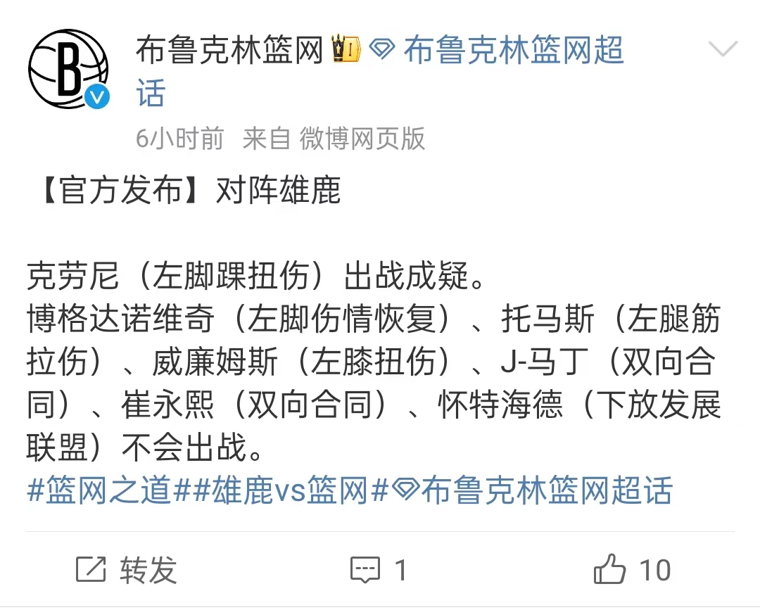 崔永熙继续征战！NBA发展联盟将上演“中国德比”！
12月9日，布鲁克林篮网将在主场迎战密尔沃基雄鹿，根据篮网官媒发布的消息显示，崔永熙仍旧无缘大名单，继在对阵公牛的比赛6-1，得到2分，2个篮板后，