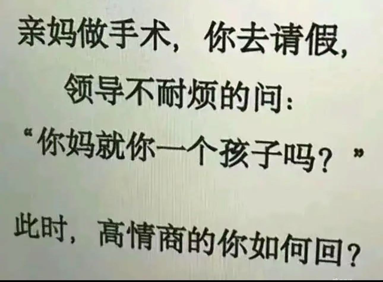 网友各个都是人才！这么难的问题，轻而易举化解了！亲妈做手术，你去请假，领导不耐烦的问：“你妈就你一个孩子吗？”此时，高情商的你如何回？

现在打工上班请假越来越难，之前有人爷爷去世请假，却被单位告