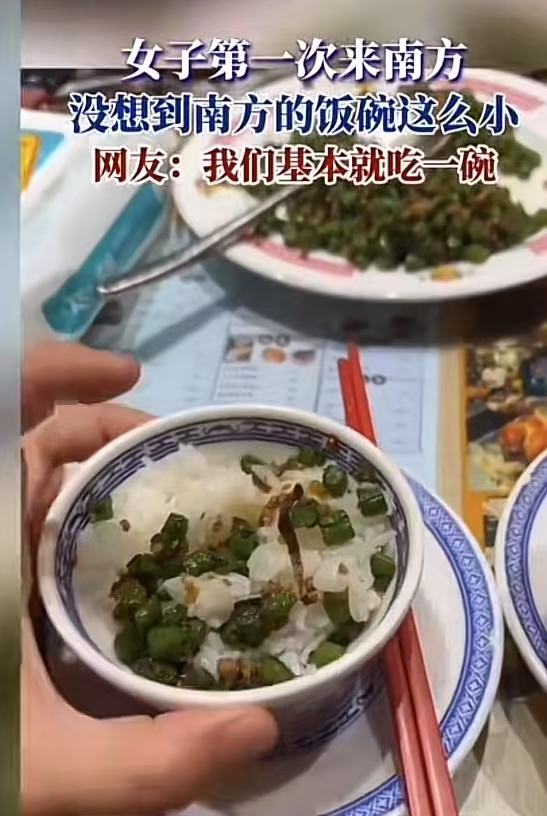 笑不活了！北方女子第一次去南方，没想到吃饭的碗这么小，她几口就扒拉完了。于是女子问南方网友：这么小的碗，你们一般吃几碗？万万没想到，南方网友说：我们基本就吃一碗！

女子是北方人，平时吃饺子随便能吃几