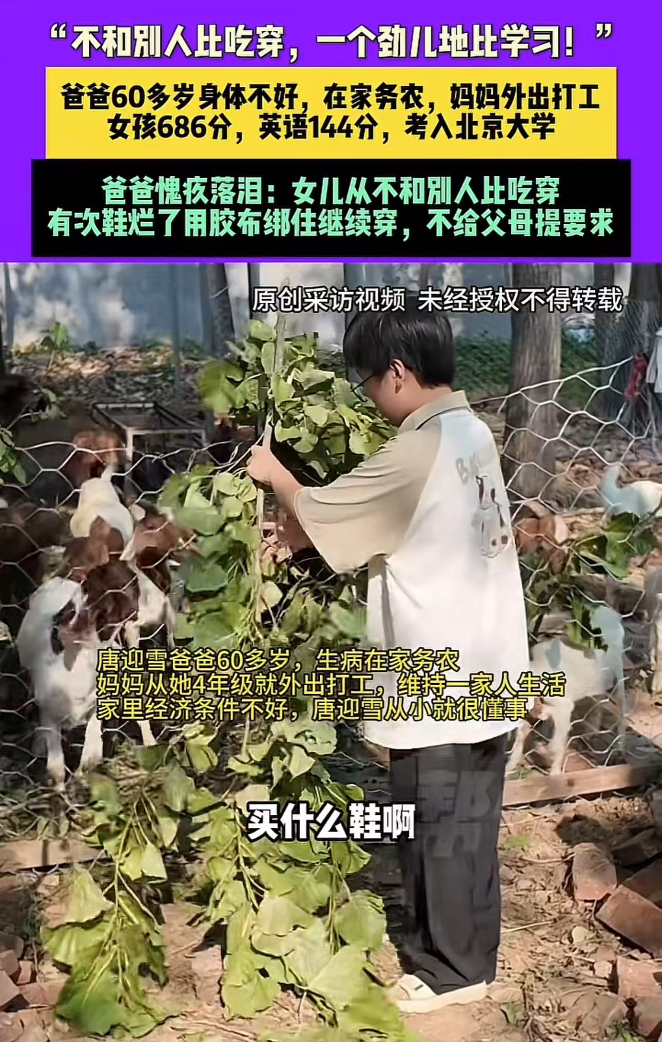 看哭了！河南驻马店，爸爸60多岁身体不好，在家务农，妈妈外出打工，女孩没有参加一次课外辅导，却以686分的高分考入北京大学！爸爸愧疚落泪：女儿从来不和别人比吃穿，有次鞋烂了她不让我们买，用胶布绑住继续