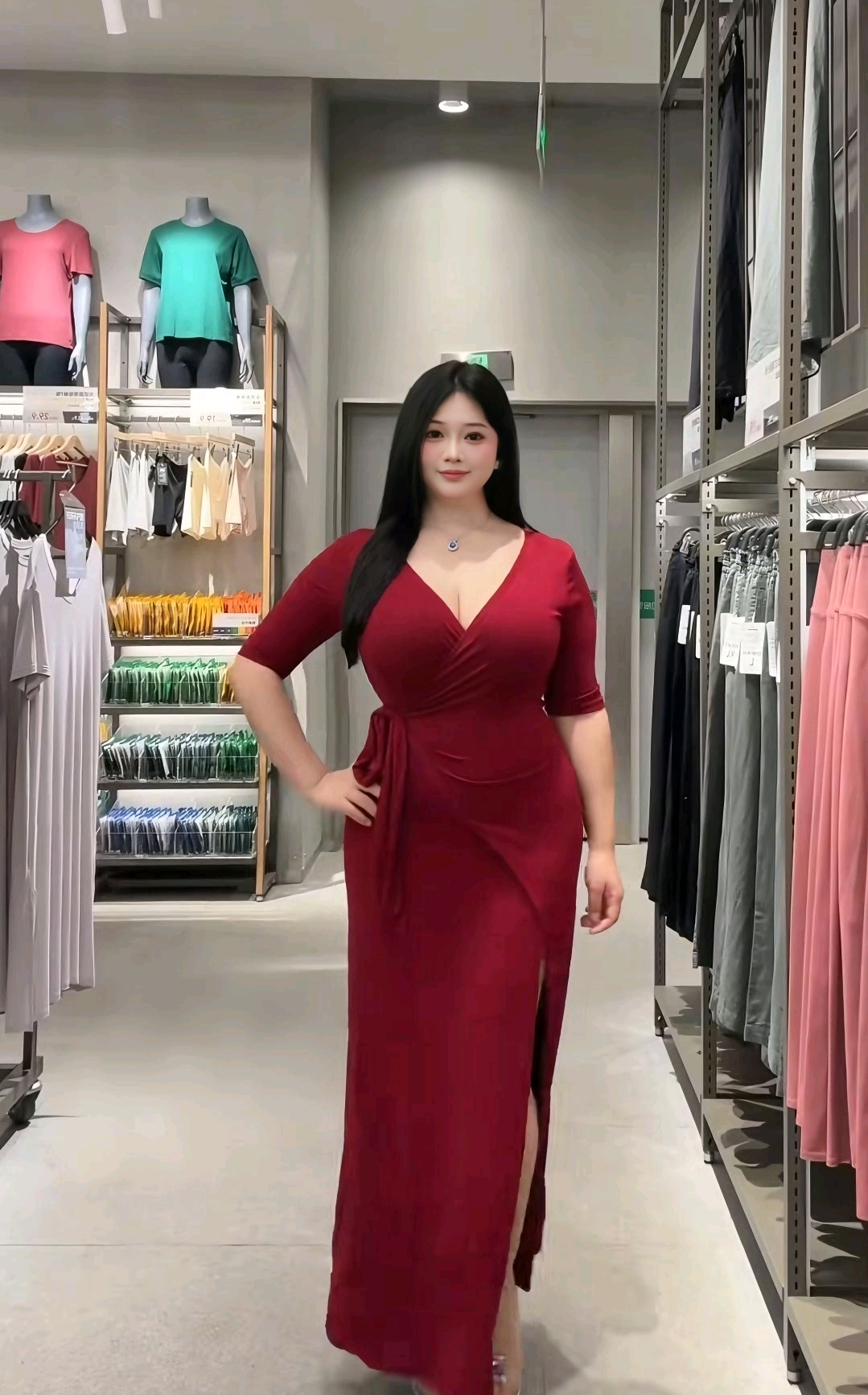 162/145斤的身材，穿这身酒红开衩裙太绝！深V勾勒曲线，腰间系带藏住小肉肉，每一寸都恰到好处，少一两肉都没这韵味，肉肉女孩照样把性感优雅穿在身上～