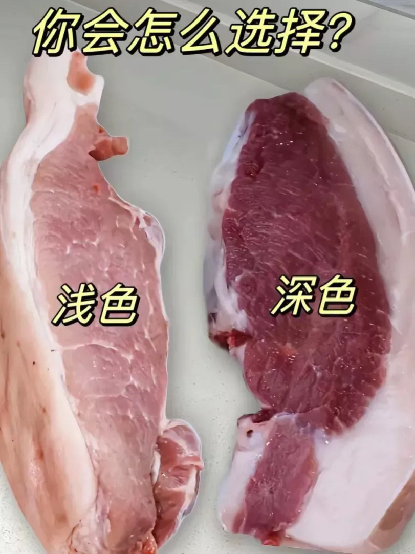 两种颜色不同的猪肉，到底哪一种才是好的呢？

昨天去超市买猪🐷肉，看到两种颜色的猪肉，我问老板。为什么会有两种颜色？是不是猪肉有问题？老板说，这里是2个猪的肉，每一个猪的肉质都不同，到底哪个环节出了