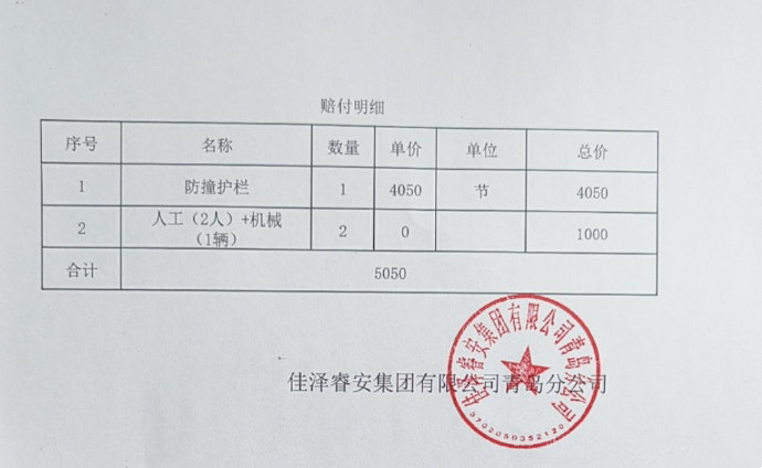 网友爆料：昨天青岛下大雪，路滑撞到栏杆，栏杆完好，就断了两个连接的螺丝，却报损5050元，这合理吗？
看照片确实没有造成多大损坏，收这么多钱不合适吧，而且收款方为佳泽睿安集团有限公司青岛分公司，一家私
