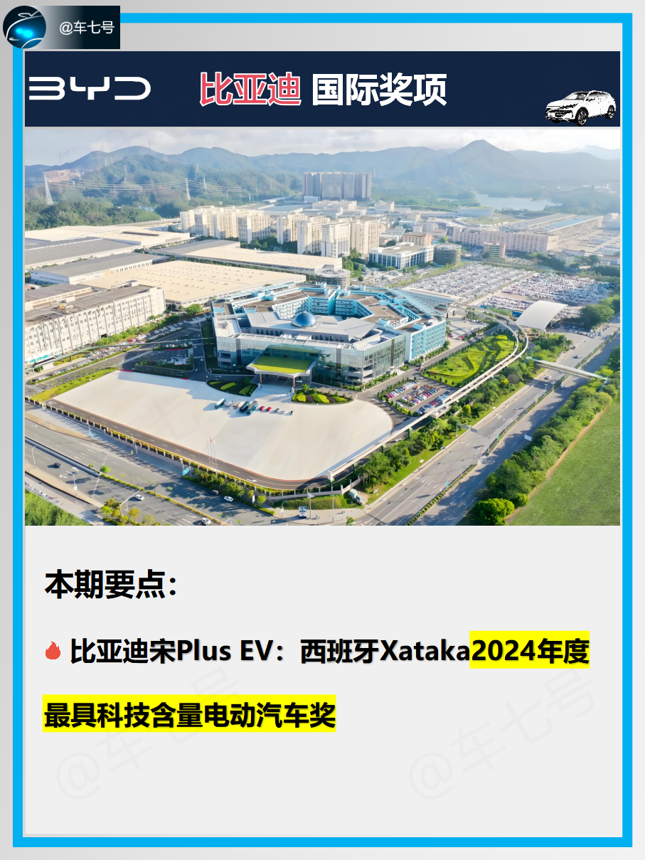 比亚迪宋PLUS EV获西班牙科技大奖！

比亚迪SEAL U (宋Plus EV)  荣获西班牙Xataka媒体评选的“2024年度最具科技含量电动汽车”奖第一名！
比亚迪SEAL U DM-i (