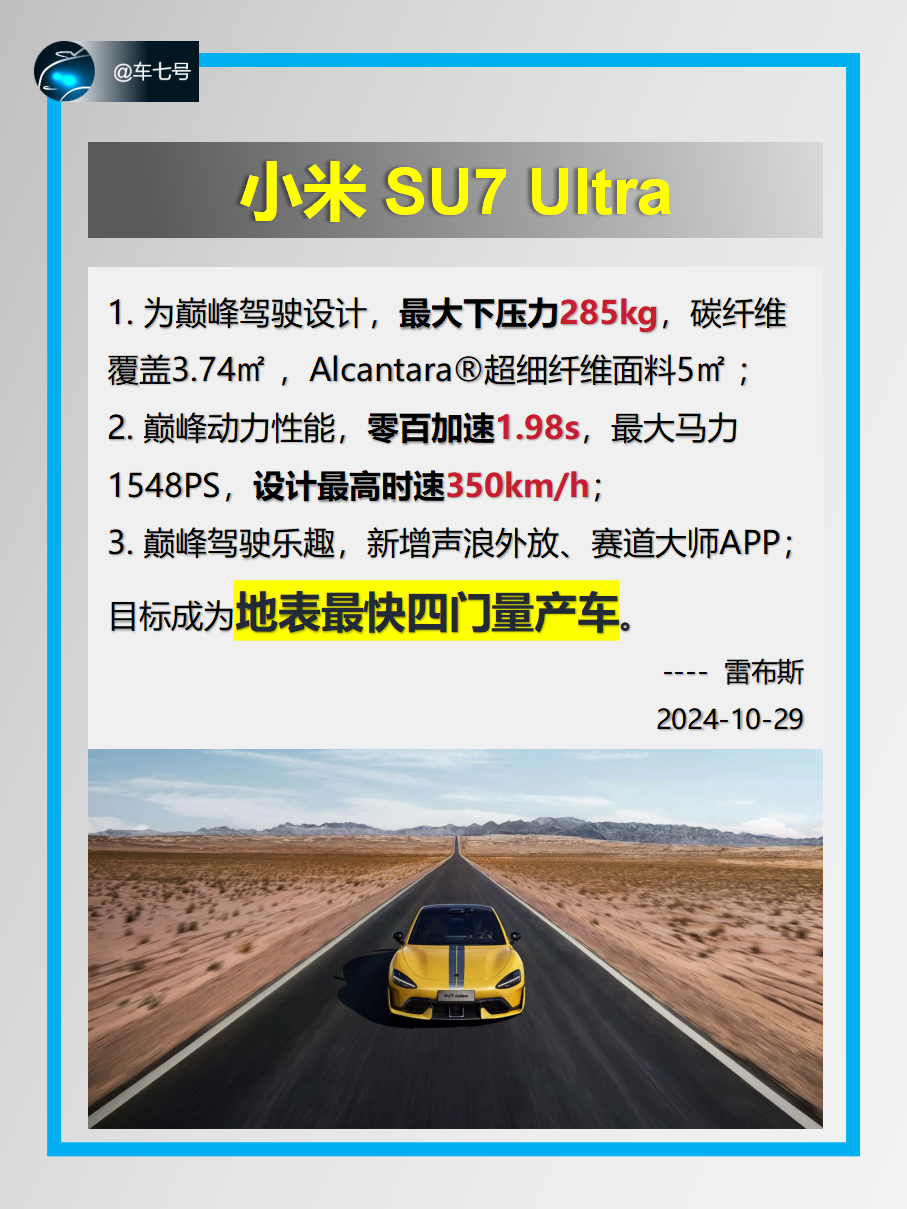 在 2024 年 10 月 28 日，小米 SU7 Ultra 原型车以 6 分 46 秒 874 的官方认证圈速成绩，成为纽北赛道史上最速四门车。

在小米 SU7 Ultra 原型车之前，保时捷 