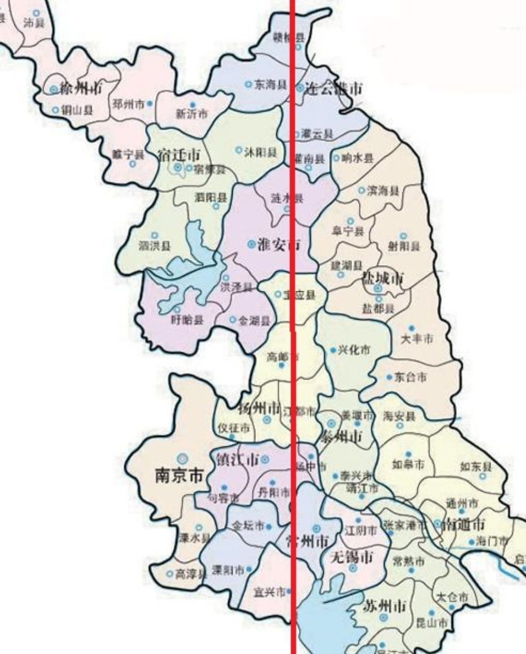 江苏有“苏南”和“苏北”的叫法，为什么没有“苏东”和“苏西”的叫法？
安徽有“皖南”“皖北”“皖东”“皖西”。
河南有“豫北”“豫南”“豫东”“豫西”
浙江有“浙南”“浙北”“浙东”“浙西”
江苏难道