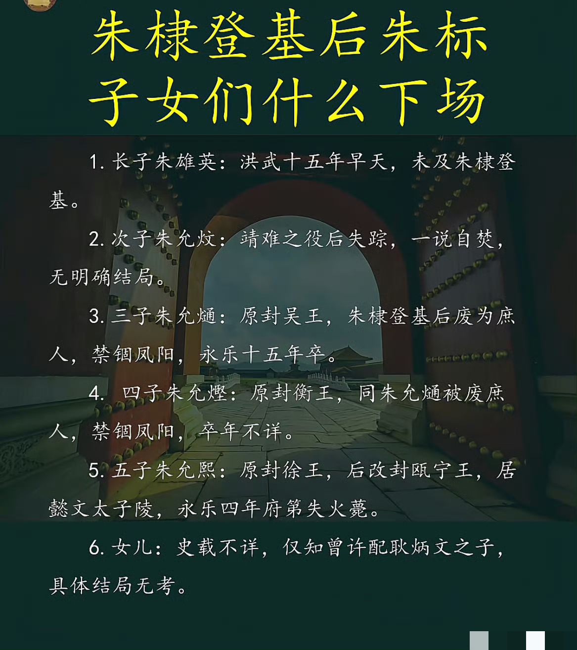 明成祖朱棣登基以后大哥懿文太子的后人下场。

最是无情帝王家啊，朱棣登基以后，大哥朱标的后人是真惨啊。明英宗在位后期，释放建庶人，应该也是朱标的后人，连牛马都不识了都，真是令人唏嘘啊。