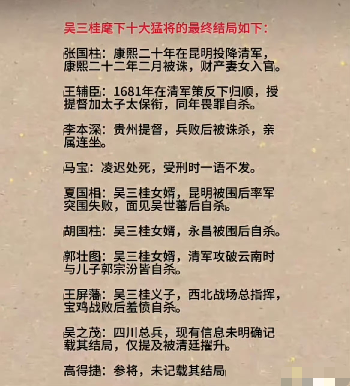 吴三桂麾下十大猛将的最终结局。

吴三桂也是的，当汉奸都不自觉，还幻想自己会像明太祖朱元璋的义子沐英那样，其家族会世守云南那般，人家是开国功臣加开国皇帝的义子，自己人中的自己人，你是一个半路投降的前明