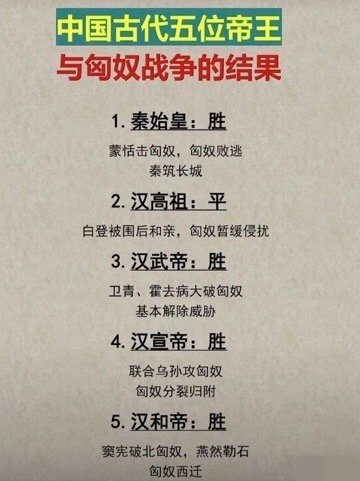 古代5位皇帝与匈奴发生战争的结果表。

汉太祖刘邦其实不能算是平局，应该是失败，所以只能以和亲来换取和平。