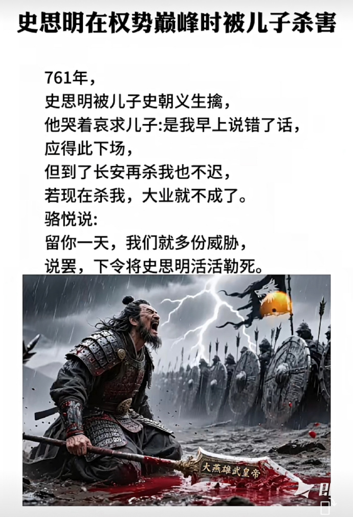 安史之乱的2号人物史思明在权势巅峰时被儿子杀害。

说起来也挺奇葩和巧合的，安禄山和史思明都是被儿子杀死，这结局真是……