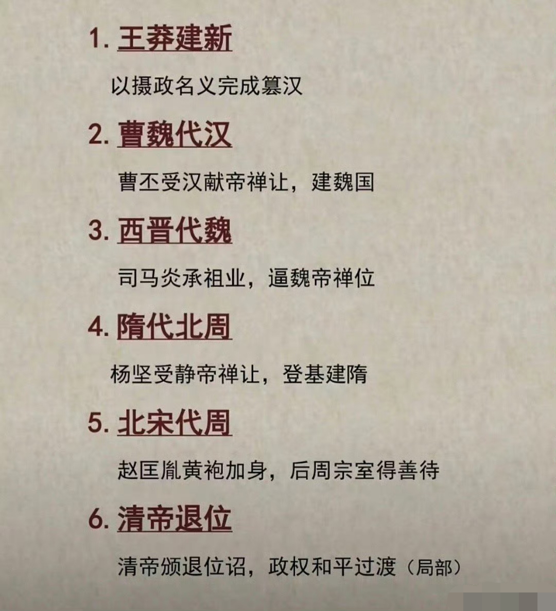 历史上改朝换代时和平交接的6个朝代。

其中王莽建新虽然和平的实现了改朝换代，但是后遗症最大，引发了大规模起义，最后仅仅15年以后，便被汉世祖刘秀推翻，以东汉取而代之，再复汉家江山。

西晋代魏是水分
