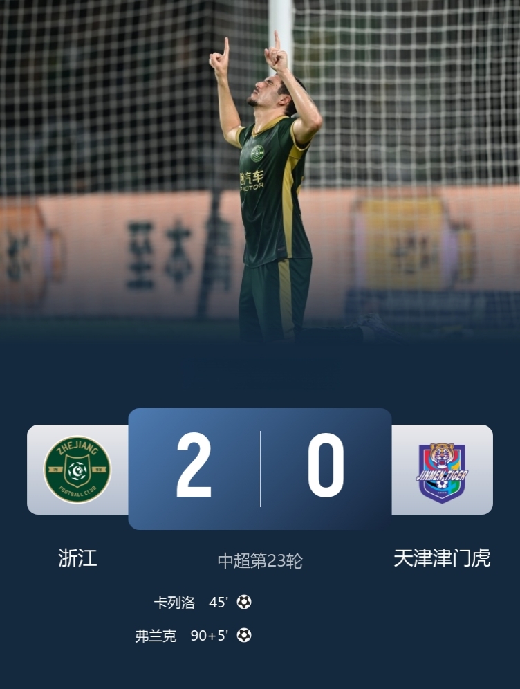 一场比赛中超六七名互换！

浙江2-0天津津门虎！

此役，卡列洛&弗兰克破门，米特里策&奥乌苏送助攻，闫炳良两度失误！