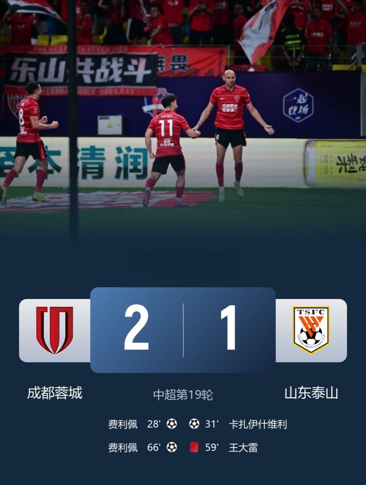 强强对话，赛季三杀！

成都蓉城2-1十人山东泰山！

此役，王大雷直红，费利佩双响，卡扎破门也难救主，克雷桑梦游。