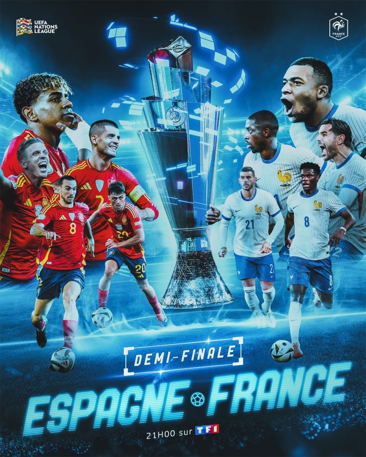 北京时间6月6日凌晨3时，法国将在欧国联半决赛中对阵西班牙！

法国队官方社媒发布了为此役制作的海报：姆巴佩、登贝莱、琼阿梅尼、亚马尔、莫拉塔、佩德里等球员出镜！

你看好谁与葡萄牙争冠？