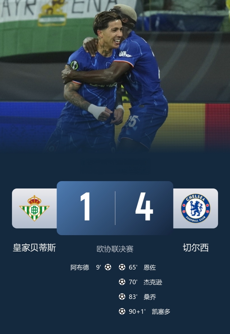 北京时间5月29日凌晨3时，欧协联决赛，切尔西4-1逆转击败贝蒂斯，队史首夺欧协联冠军，达成三级欧战（欧冠、欧联、欧协联）全满贯！

切尔西此役从0-1落后到2-1反超，是帕尔默的两次精准制导助攻恩佐