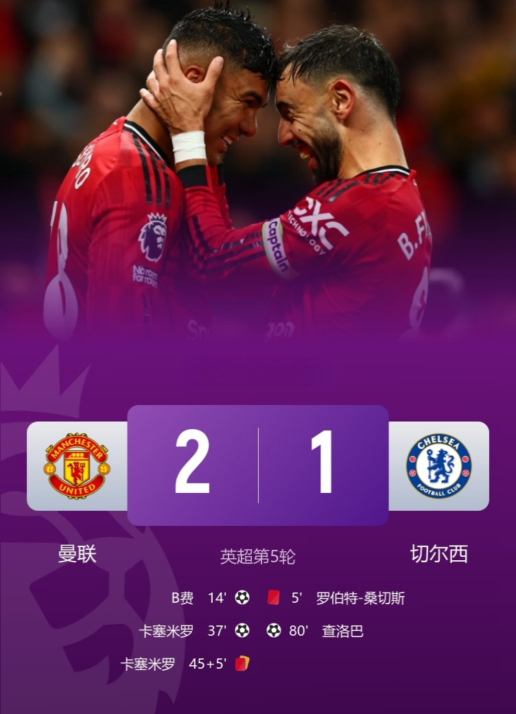 剧情拉满！你红我也红！

十人曼联2-1十人切尔西！

此役，桑切斯染红、卡塞米罗破门＋两黄变一红，B费建功，加纳乔未出场！

球迷总结：事实证明，只要曼联和对手人数相同时踢得都是屎一样难看！

切尔