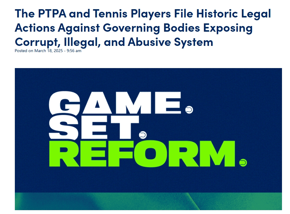 网坛大地震，反抗来了……

由德约等球员联合创立的PTPA（Professional Tennis Players Association/职业网球运动员协会）对四大网球协会提起历史性诉讼，指控ATP