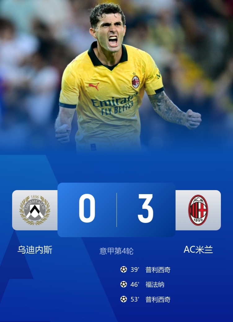 美队混不好英超，在意甲却是战神！

米兰3-0完胜乌迪内斯，豪取3连胜暂升第3！

此役，普利西奇2射1传，福法纳破门！

球迷热议：拉比奥特真是高级货，加上魔笛的控场，米兰中场感觉已经脱胎换骨了……