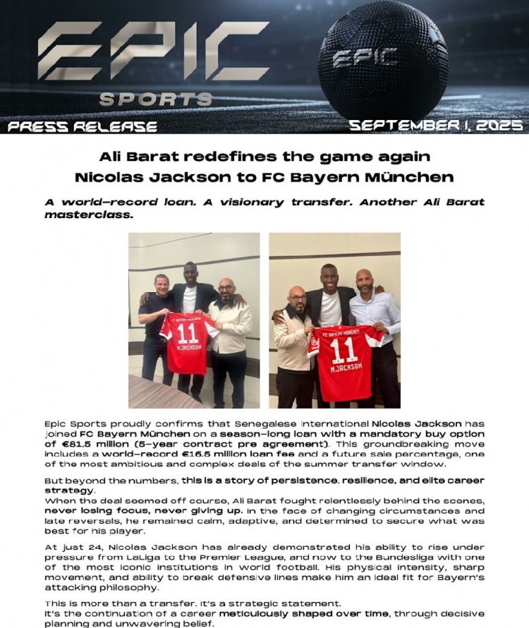 拜仁成功租借杰克逊！

杰克逊经纪人巴拉特的经纪公司EPIC SPORTS社媒发文吹捧：创世界纪录的租借，大师级操作。

这笔开创性的交易包括创下世界纪录的1650万欧元租借费，并包含未来转售分成条款