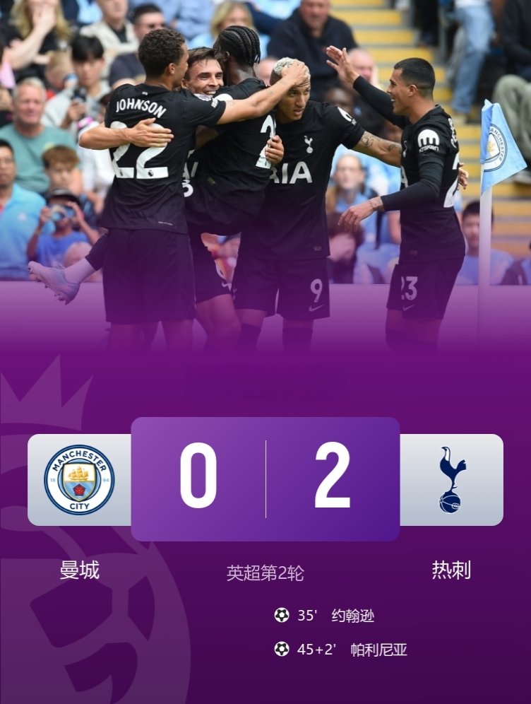 赛季首败！弗兰克再杀瓜迪奥拉！

曼城主场0-2热刺！

特拉福德送大礼，理查利森助攻约翰逊破门，新援帕利尼亚建功！