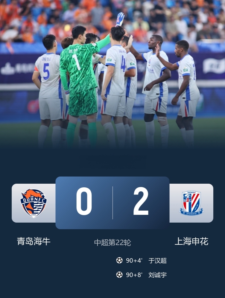 上海申花2-0客胜青岛海牛，取近4轮首胜，先赛暂登顶！

此役，于汉超&刘诚宇双双补时破门，张弛离谱反击是海牛输球最大原因！