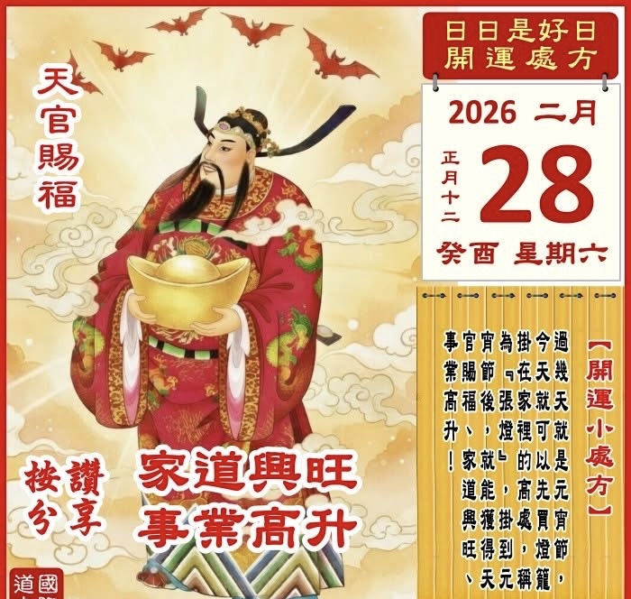 《日日是好日》开运处方
2026年2月28日 癸酉日 正月十二 星期六

[幸运色]：深蓝、明黄
[幸运数]：0、6
[吉　时]：9-13时
[日家吉神] 
日禄方：正北　日马方：西北
财神方：正南　