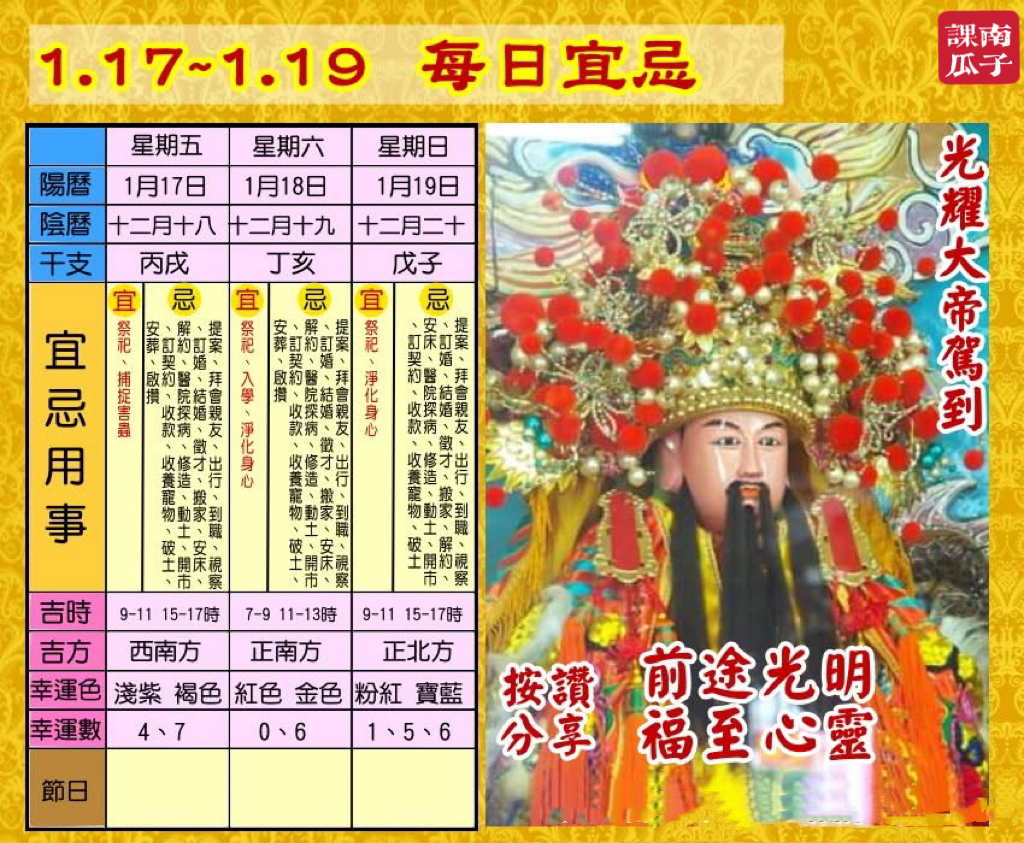 《日日是好日》2025年1月17日 丙戌日 十二月十八 星期五

【幸运色】：浅紫、褐色
【幸运数】：4、7
【吉　时】：9-11时、15-17时

【日家吉神】

日禄方：东南　日马方：西南
财神方