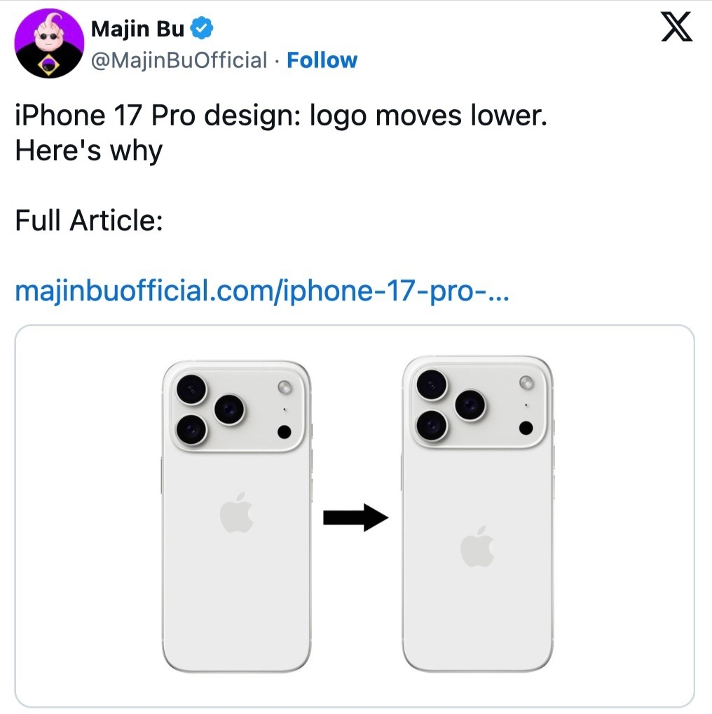 iPhone17上苹果的logo要移位了，logo从中间往下调整了一下，应该是为了美观和协同。
但是说句心里话，这个后盖，logo放到哪里，都感觉怪怪的的。不是logo的问题，而是摄像头后缀模组的问题